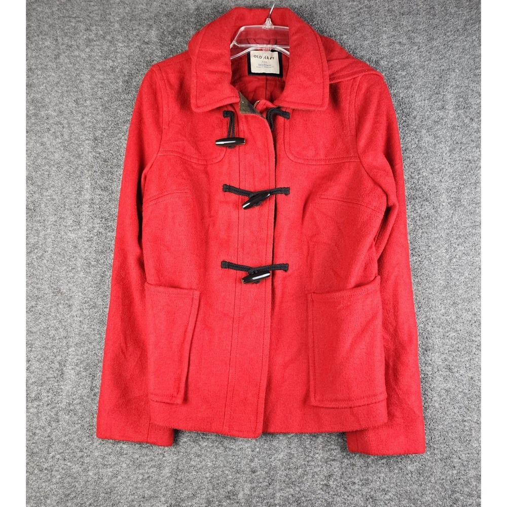 Old Navy Duffle Coat Womens Medium Red Wool Blend Hooded Toggle Zip 864329-01